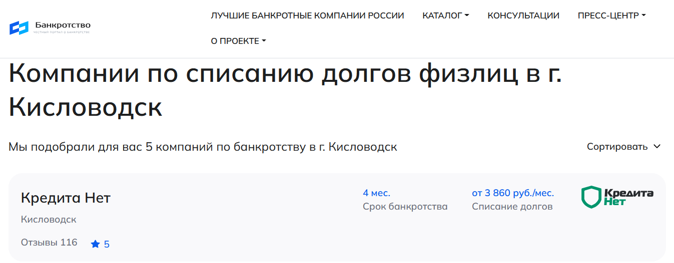 КредитаНет – первые в рейтинге компаний по банкротству в Кисловодске на сайте Банкротство Инфо